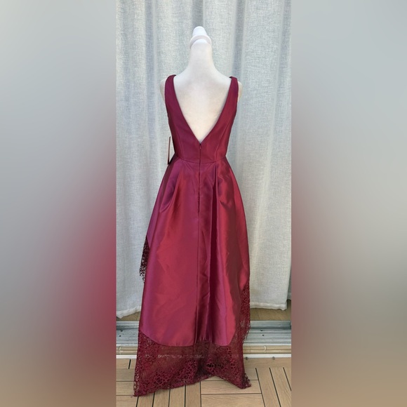 NWT ML Monique Lhuillier burgundy mulberry lace trim high low gown dress - Picture 6 of 13